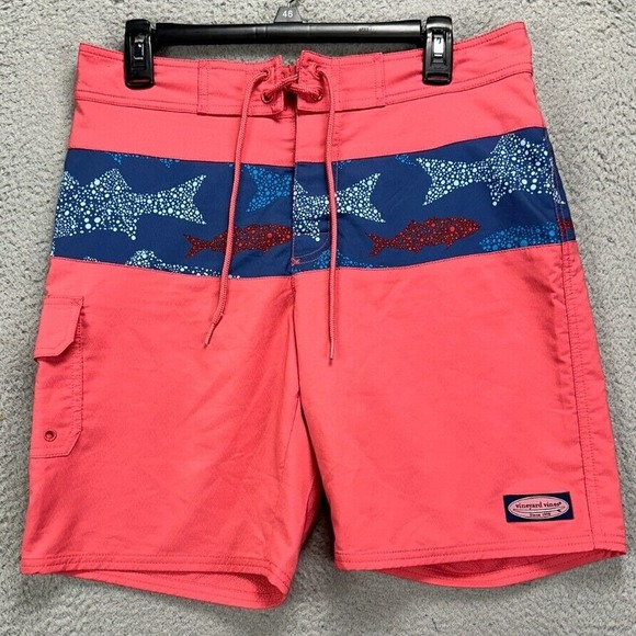 Vineyard Vines Cargo Swim Trunks Mens 30 Shark Print‎ Pink / BlueBoard Shorts